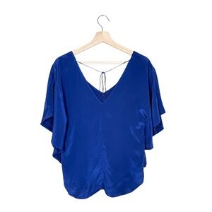 Amanda Uprichard Royal Blue 100% Silk Flutter Sleeve V-Neck Top Small‎